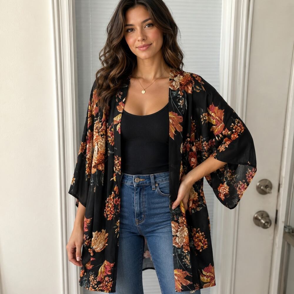 Umgee Floral Kimono M/L Boho Cottage Core navy